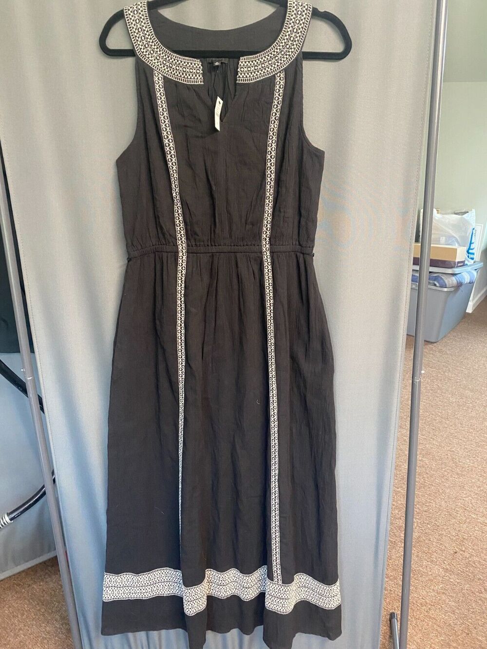 Talbots Dress Women's 10 Black 100% Cotton Embroidered Drawstring Waist B78
